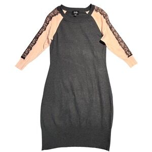 Womens Grey Peach Lace Trim Raglan Sleeve Knit Sweater Dress Large 80s90s Preppy